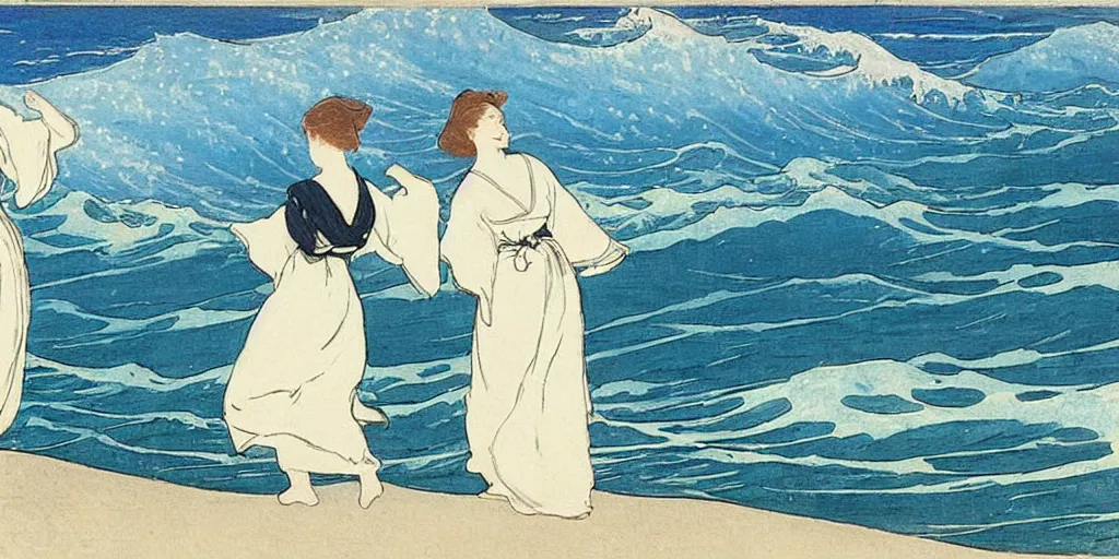 Prompt: two young edwardian women wearing white dresses hold hands on a beach in Sweden, by Anders Zorn, waves in the style of the great wave off kanagawa by Hokusai