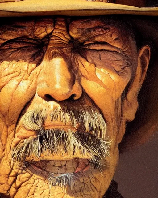 Prompt: a film still extreme close - up shot of an old cowboy outlaw in a desert by esao andrews. vibrant. trending on artstation