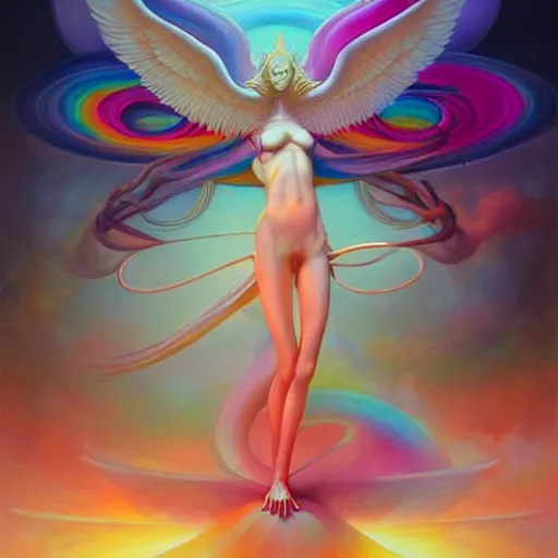 Prompt: psychedelic angelic celestial being artwork of peter mohrbacher, ayahuasca, energy body, sacred geometry, esoteric art, rainbow colors, realist, abstract and surreal art styles with anime and cartoon influences divinity