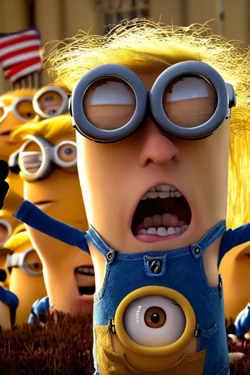 Image similar to trump as a minion, blond hair, riot background, photorealistic, intricate, portrait, 8 k highly professionally detailed, hdr, cgsociety