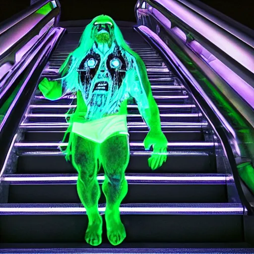 Image similar to bioluminescent hulk hogan in the darkness on an escalator