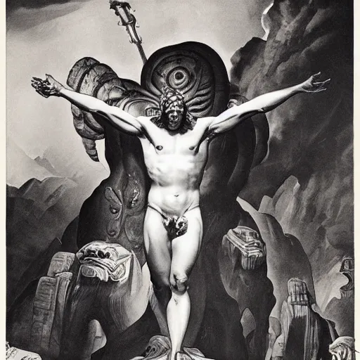 Prompt: bismuth by max dupain, by adolf hiremy - hirschl playful, fine. a digital art of hercules after he has completed one of his twelve labors, the killing of the hydra. he is standing over the dead hydra, covered in blood clutching a sword that slew the beast. his face is expressionless.