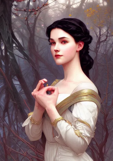 Image similar to snow white, intricate, elegant, highly detailed, digital painting, artstation, concept art, smooth, sharp focus, illustration, art by artgerm and greg rutkowski and alphonse mucha and william - adolphe bouguereau