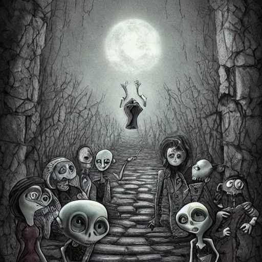 Image similar to grunge cartoon drawing of the end of the world by - michael karcz , in the style of corpse bride, loony toons style, horror themed, detailed, elegant, intricate