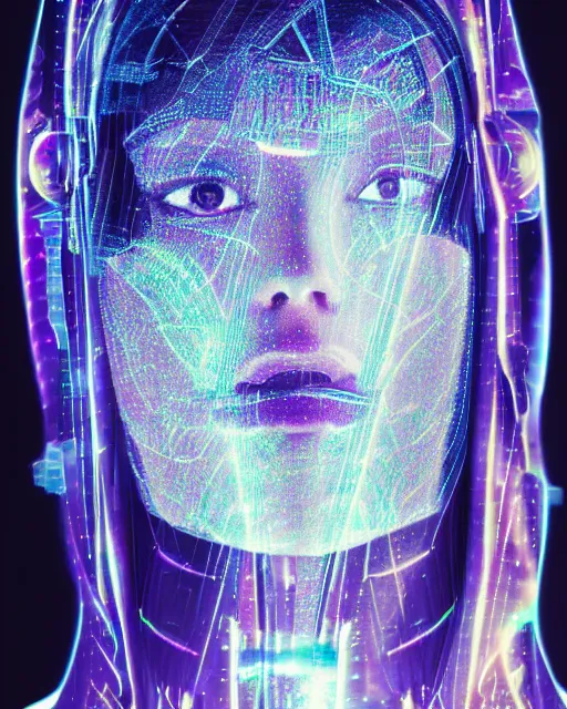 Prompt: cyber - polaroid of a female cyborg's face, ethereal curtain, chrome vortex, vibrant scattered light, reflective glass, chromatic aberration, 1 9 6 0 s, computer - generated