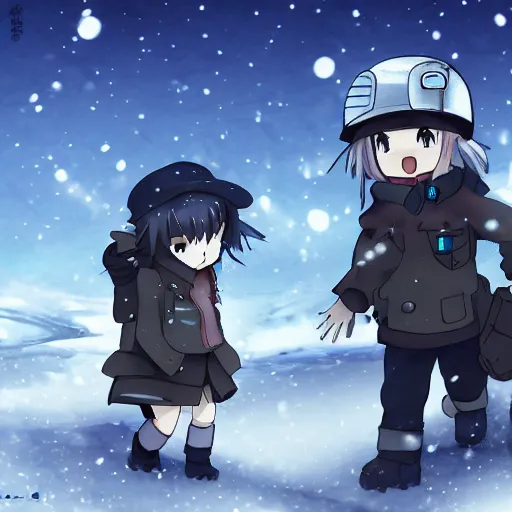 Prompt: Yuuri and Chito from the anime Girls Last Tour by tsukumizu, winter landscape, post-apocalyptic, Danbooru, anime, HD wallpaper, detailed, digital art