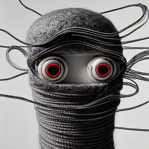 Image similar to portrait photo of a wool sock with giant eyes, face made from thick cyberpunk wires, extremely high details, realistic, by MC Escher and Rene Margitte and victor enrich