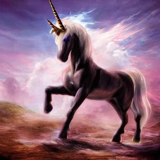 Image similar to A Unicorn stepping on landmine, fantasy art