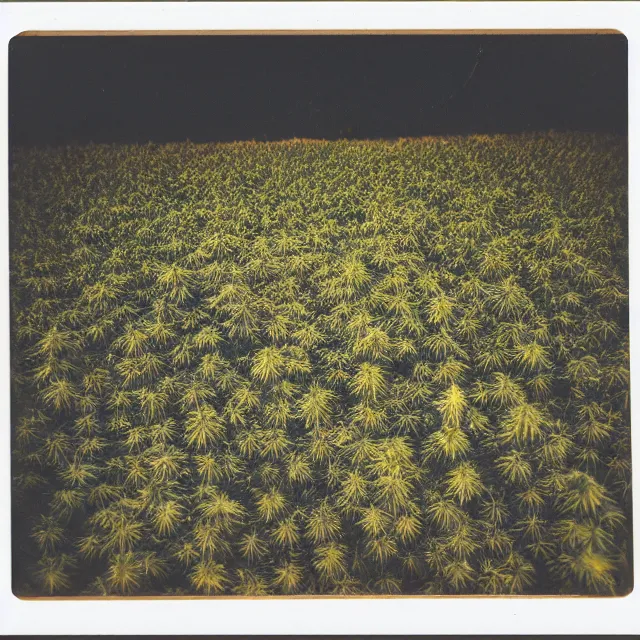 Image similar to field of cannabis on fire at night, polaroid