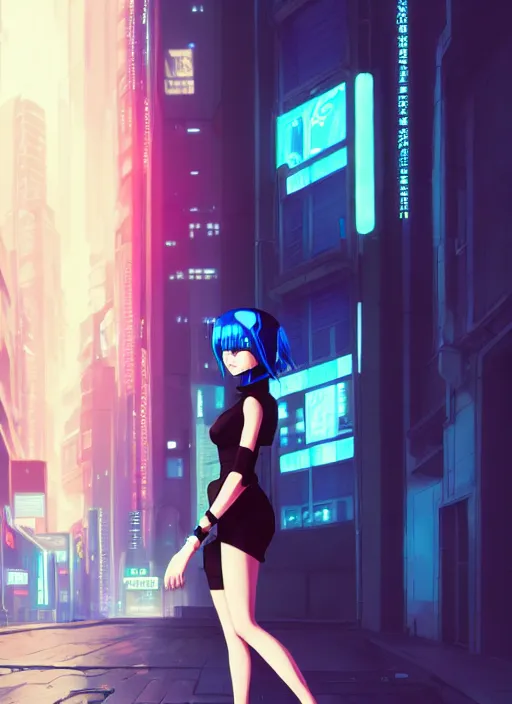 Image similar to hyper realistic photograph of cyberpunk pretty girl with blue hair, wearing a tight black dress, in city street at night, by makoto shinkai, ilya kuvshinov, lois van baarle, rossdraws, basquiat