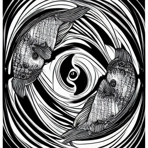 Image similar to 2 koi fish, yin yang, black white, by Android Jones