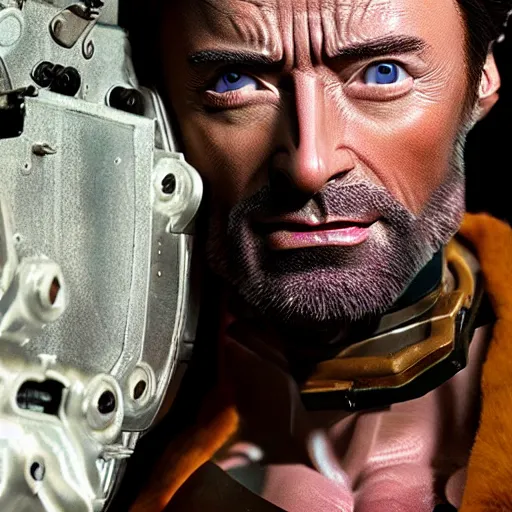 Prompt: animatronic Hugh Jackman, exposed wires, photo, Stan Winston studios, detailed, 4k