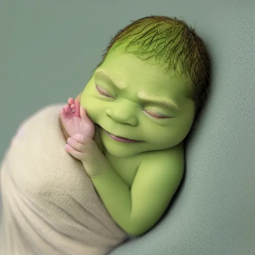 Image similar to beautiful photography of newborn shrek, pastel colors, hyper realistic, 8 0 mm, studio lighting