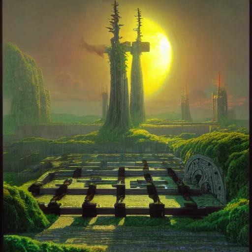 Image similar to fief of relentless autodidact labor yoke, where four gates and maze of lance tree resides, in the style of bruce pennington and jeff east, 8 k resolution,