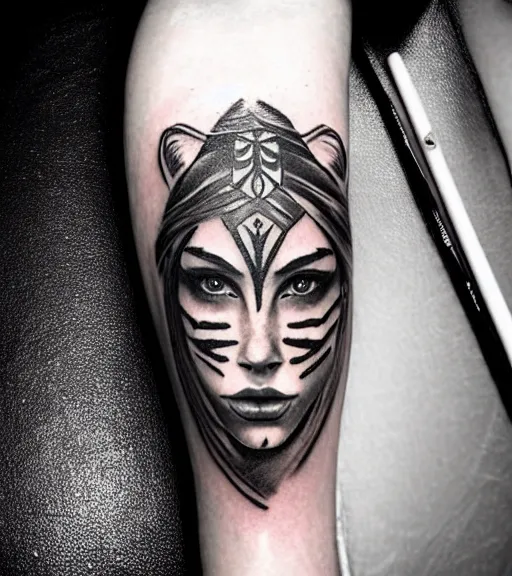 Prompt: tattoo design of a beautiful girl warrior with a tiger head above her, hyper realistic, realism tattoo, by eliot kohek, beautiful eyes, realistic face, black and white, white background