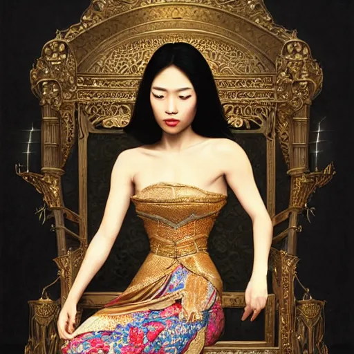 Prompt: a young asian woman with shoulder length hair and strong facial bone structure, queen and ruler of the universe, sitting on her throne, young handsome caucasian men kneeling at her feet, digital painting, highly detailed, intricate, elegant, trending on artstation, art by greg rutkwowski, artgerm, wlop, alphonse mucha