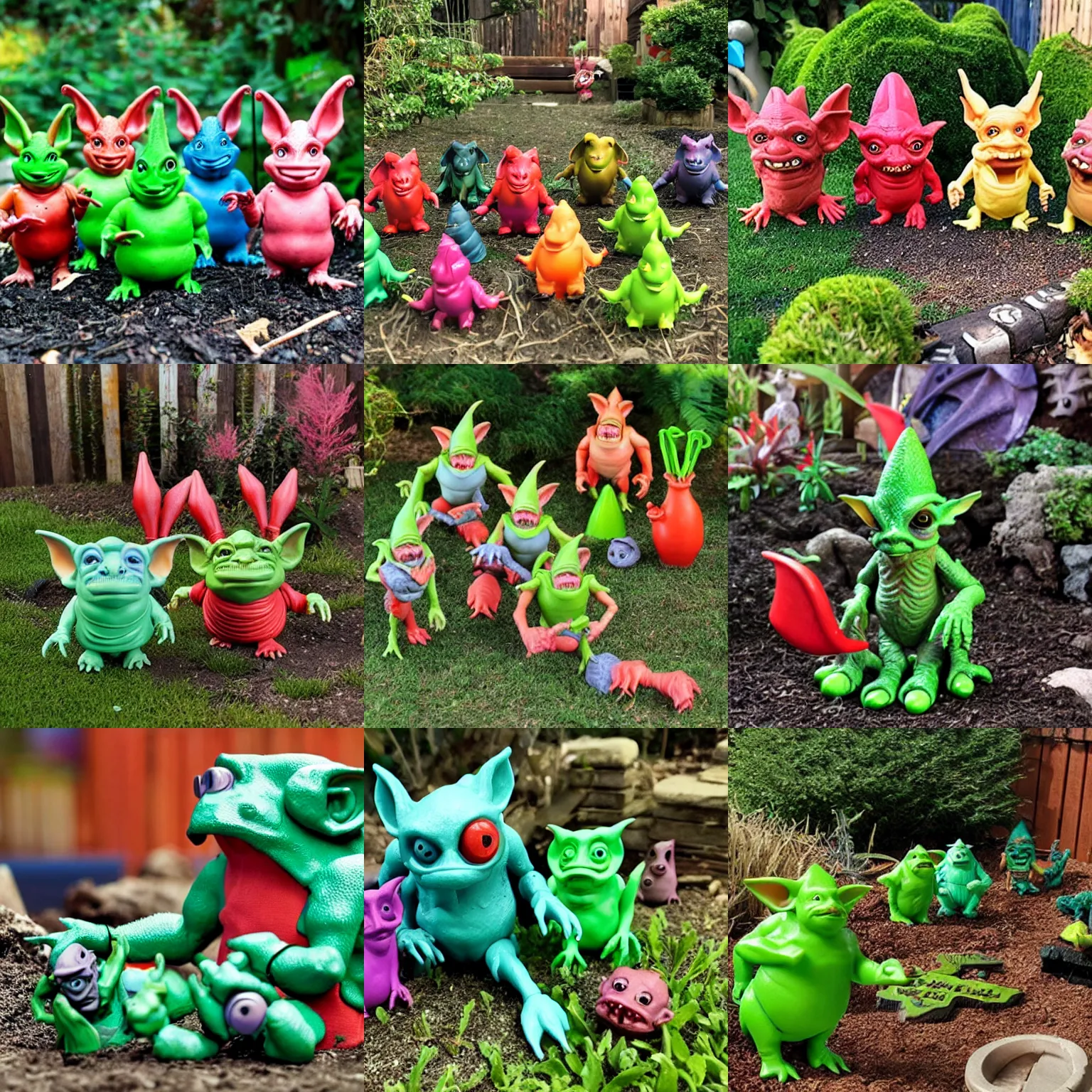 Prompt: Boglins, plastic goblin monster toys in a backyard garden
