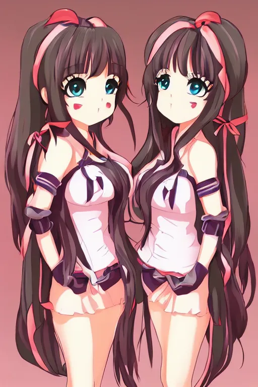 Prompt: two beautiful female idols with twin tails standing chest to chest, detailed anime art