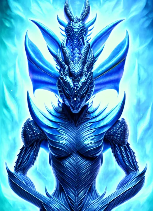 Image similar to muscular and tall blue ghostly fire humanoid dragon!!!! draconian!! intricate ornate iridescent heavy armor!! character concept art, sharp focus, octane render! unreal engine 5! highly rendered!! trending on artstation!! detailed linework!! illustration by artgerm, wlop, and chie yoshii