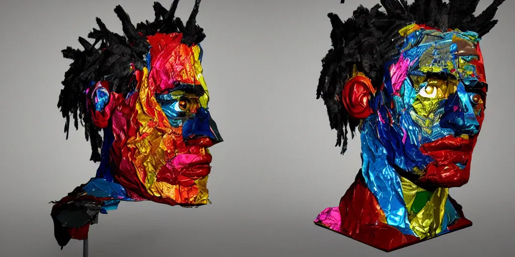 Image similar to a perfect bust of Jean-Michel Basquiat made out of crumpled colored foil, 3D cinematic lighting, spotlight at a 90 DEGREE ANGLE, photorealism, octane render, depth of field, 8k, 35mm, artgem, Trending on artstation