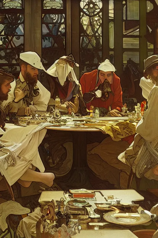 Image similar to 5 men writing code on laptops around a table, alphonse mucha, james gurney, greg rutkowski