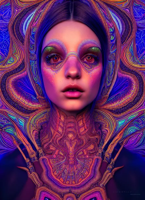 Image similar to absurdly beautiful, fashionable young woman, fourth dimension, psychedellic, ayahausca, tryptamine, hyperdetailed illustration by irakli nadar and alexandre ferra, intricate linework, unreal engine 5 highly rendered, global illumination, radiant light, detailed and intricate environment