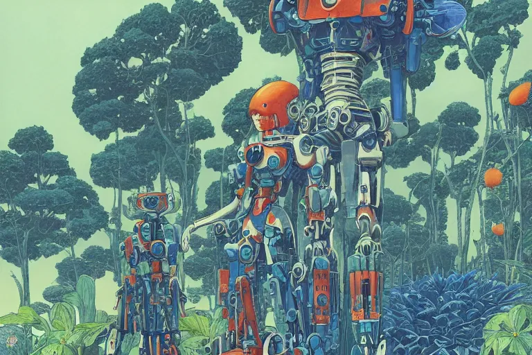 Image similar to most blues, gigantic girl head, a lot of exotic vegetation, trees, tremendous mecha robot, flowers, oldschool vintage sci - fi flat surreal design, super - detailed, 2 d gouache painting by moebius and satoshi kon, hd, 4 k, high quality