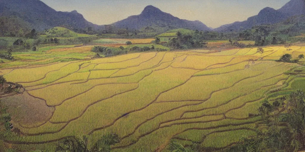 Image similar to painting of a rice terrace in the evening