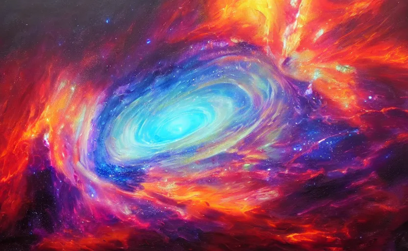 Prompt: an abstract oil painting of an unbelievably beautiful space nebula; swirling sheets of light and fire; hyper-detailed; an extraordinary masterpiece!!!; flawless; trending on artstation