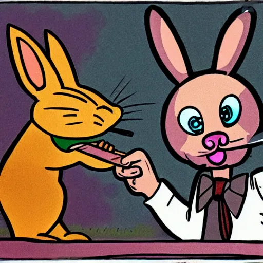 Image similar to a violet rabbit smoking a cigar, cartoon