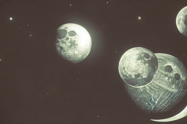 Image similar to the Death Star is the moon, in A Trip to the Moon by Georges Melies, film still, 4k