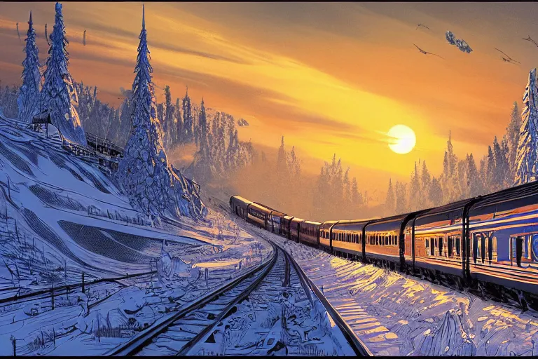 Image similar to trans - siberian express train illustration by joe fenton and syd mead and p. craig russell and barry windsor - smith, artstation, 4 k, graphic novel, concept art, matte painting, beautiful russian winter landscape sunset background, golden hour, art nouveau