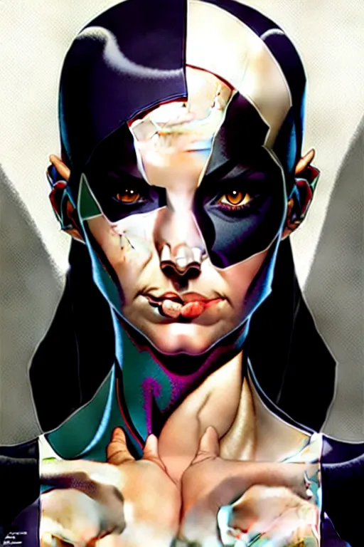 Image similar to artgerm, joshua middleton comic cover art, pretty domino marvel comics sarah michelle gellar entire full body, white skin, asymmetrical black spot covering left eye, no spot right eye, symmetrical eyes, symmetrical face