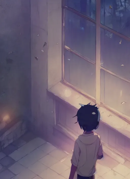 Image similar to boy on ground waving to a pretty girl on the second floor, illustration concept art anime key visual trending pixiv fanbox by wlop and greg rutkowski and makoto shinkai and studio ghibli