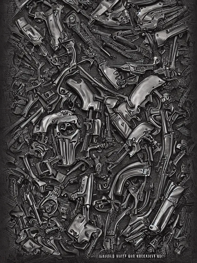 Image similar to carving in dark black steel of machine guns shotguns rifles revolvers bullets, dark vintage paperback cover, ultra-realistic, intricate details, 4k