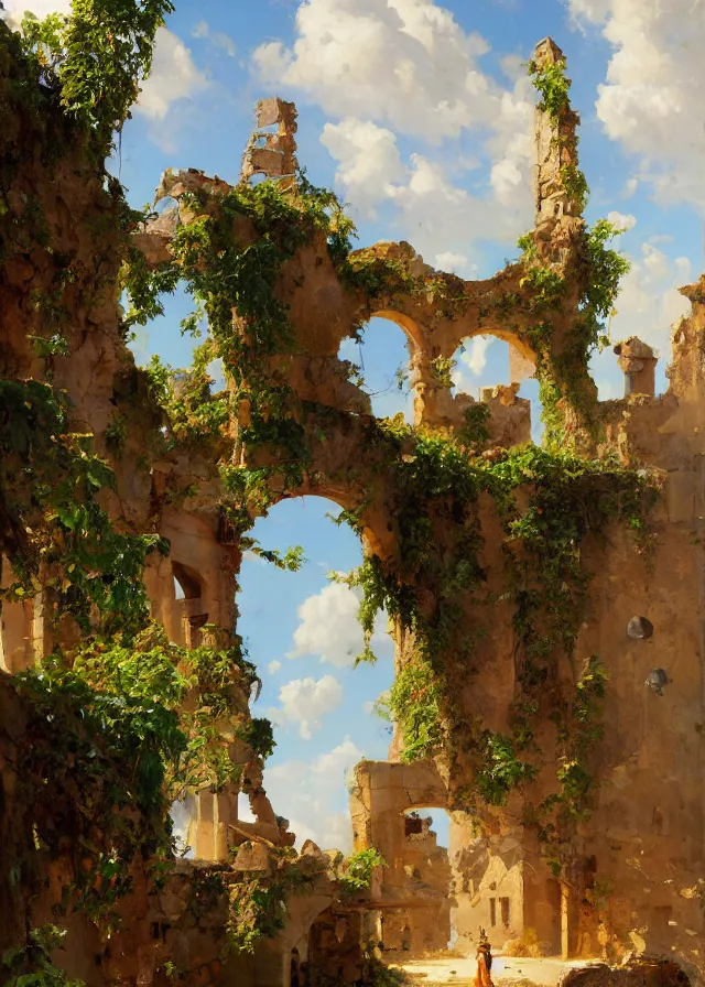 Prompt: land of ruins, sweltering heat, vines, extremely detailed oil painting, sargent and leyendecker, savrasov levitan polenov, bruce pennington, tim hildebrandt, digital art, landscape painting, trending on artstation, masterpiece