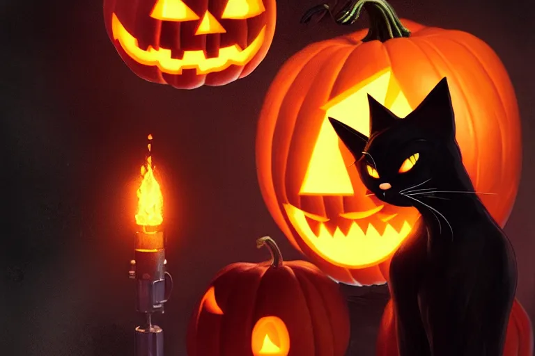 Image similar to portrait of black cat standing next to a jack - o - lantern, halloween night, charlie bowater, artgerm, ilya kuvshinov, krenz cushart, ruan jia, realism, ultra detailed, 8 k resolution