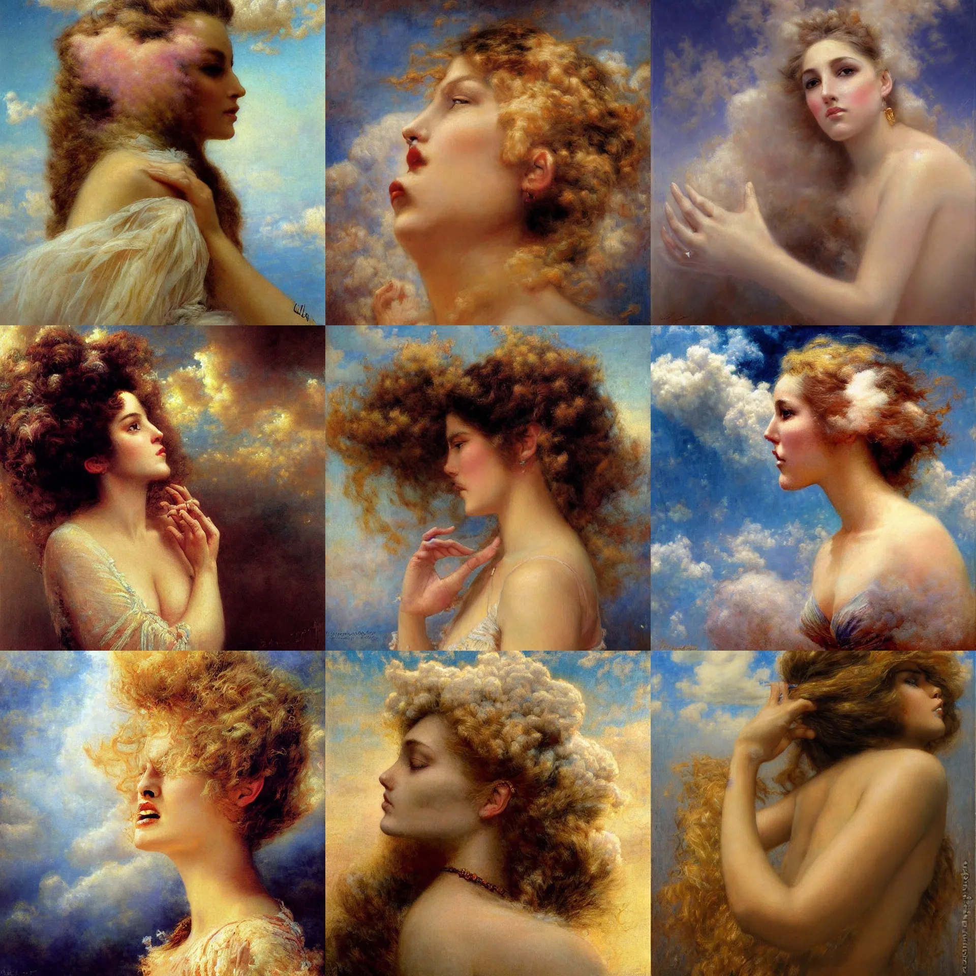 Prompt: surreal painting of the side view of a beautiful woman's face made of fluffy clouds, eyes covered by hands painted by gaston bussiere, symmetrical face, defined facial features, symmetrical facial features, dramatic lighting