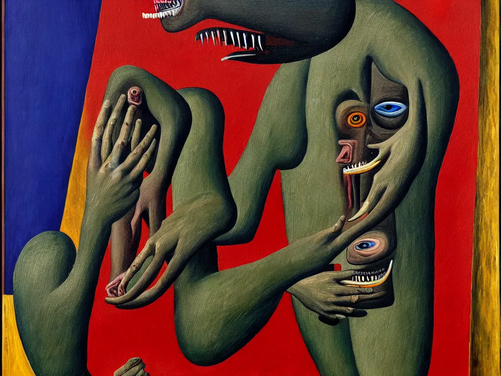 Image similar to a painting of a hominid with a hand face with a centered eye, mouth with sharp teeth centered on the belly, legs that melt into a foresthighly detailed, 4 k, art by max ernst