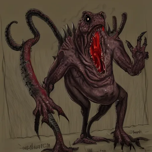 Image similar to big butcher anthropomorphic male lizardfolk posing scarily, scary angry pose, chasing you, bloody, covered in blood, fresh kill, cleaver, in a cave, earie setting, lovecraft eldritch horror, hyperdetailed, furaffinity, anthro art