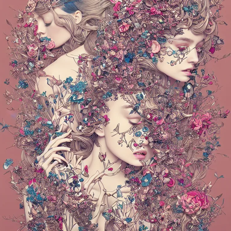 Prompt: fragrance advertising campaign by james jean, highly detailed, intricate, very beautiful