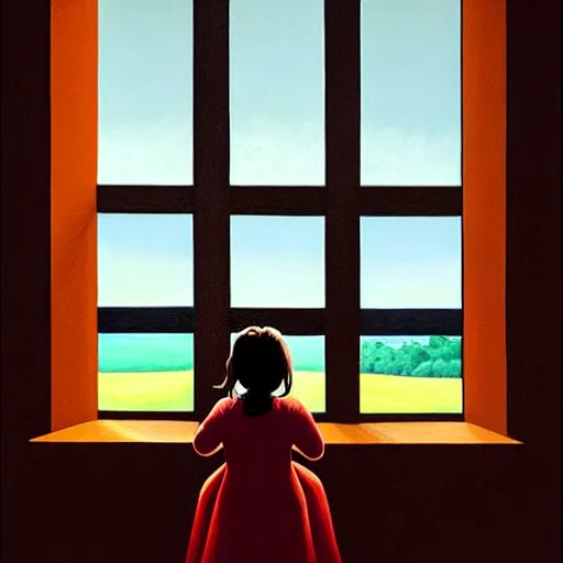 Image similar to a girl pensively looking out the window, painting by jeffrey smith