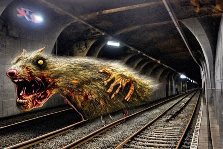 Image similar to very large giant mutant zombie irradiated ( angry rat ) staying on railways in tonnel of moscow subway. tonnel, railways, giant angry rat, furr, fangs, very realistic. extreme long shot, rusty colors, anish kapoor, ( herman nitsch, giger ).