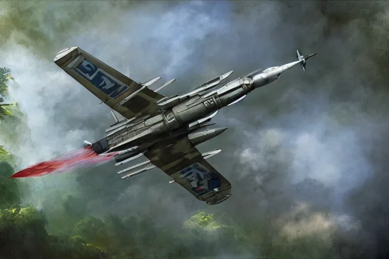 Prompt: dieselpunk digital illustration of a rocket fighter breaking the sound barrier low across a tropical rainforest by jean - baptiste monge