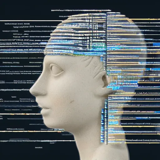 Prompt: a female made out of stone with multiple overlays of complex scientific data visualized on top of each other, bar charts, thick and thin lines, waveforms on top of square chart, topographic scan, space molecules, radio signals, negative space