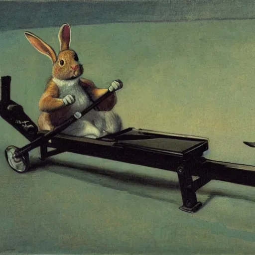 Image similar to a rabbit using a rowing machine, in the style of ilya repin