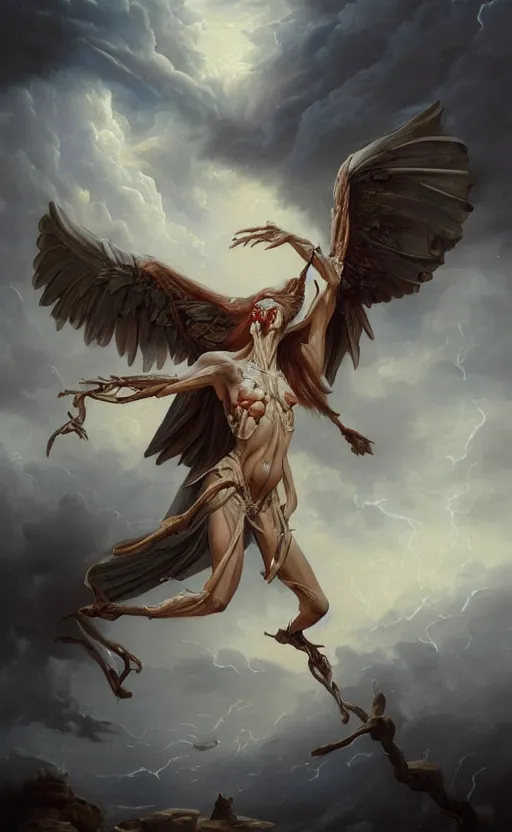 Prompt: an anatomical oil painting of a Harpy from a medical journal by Peter Mohrbacher and Julie Bell, highly detailed, high detail, 8k, storm clouds, birds, dramatic lighting