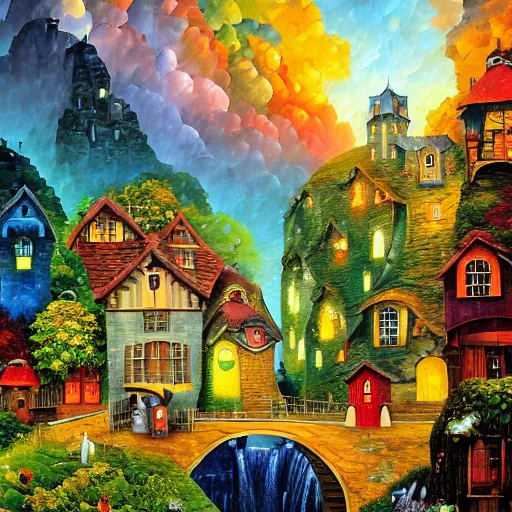 Prompt: waterfall village by james christensen, rob gonsalves, paul lehr, leonid afremov and tim white