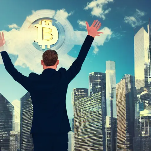 Image similar to futuristic world, highly detaield, man waving goodbye to group of people, ((cryptocurrency in background))