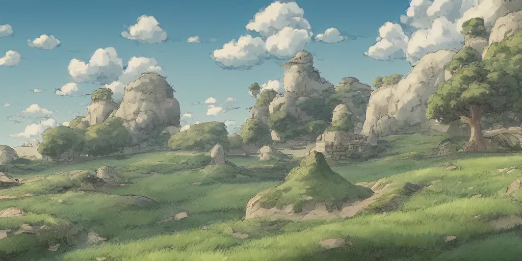 Image similar to landscape, no people, Ghibli, Anime Background, Miyazaki Hayao, concept art, illustration,smooth, sharp focus, intricate, super wide angle, trending on artstation, trending on deviantart, 4K